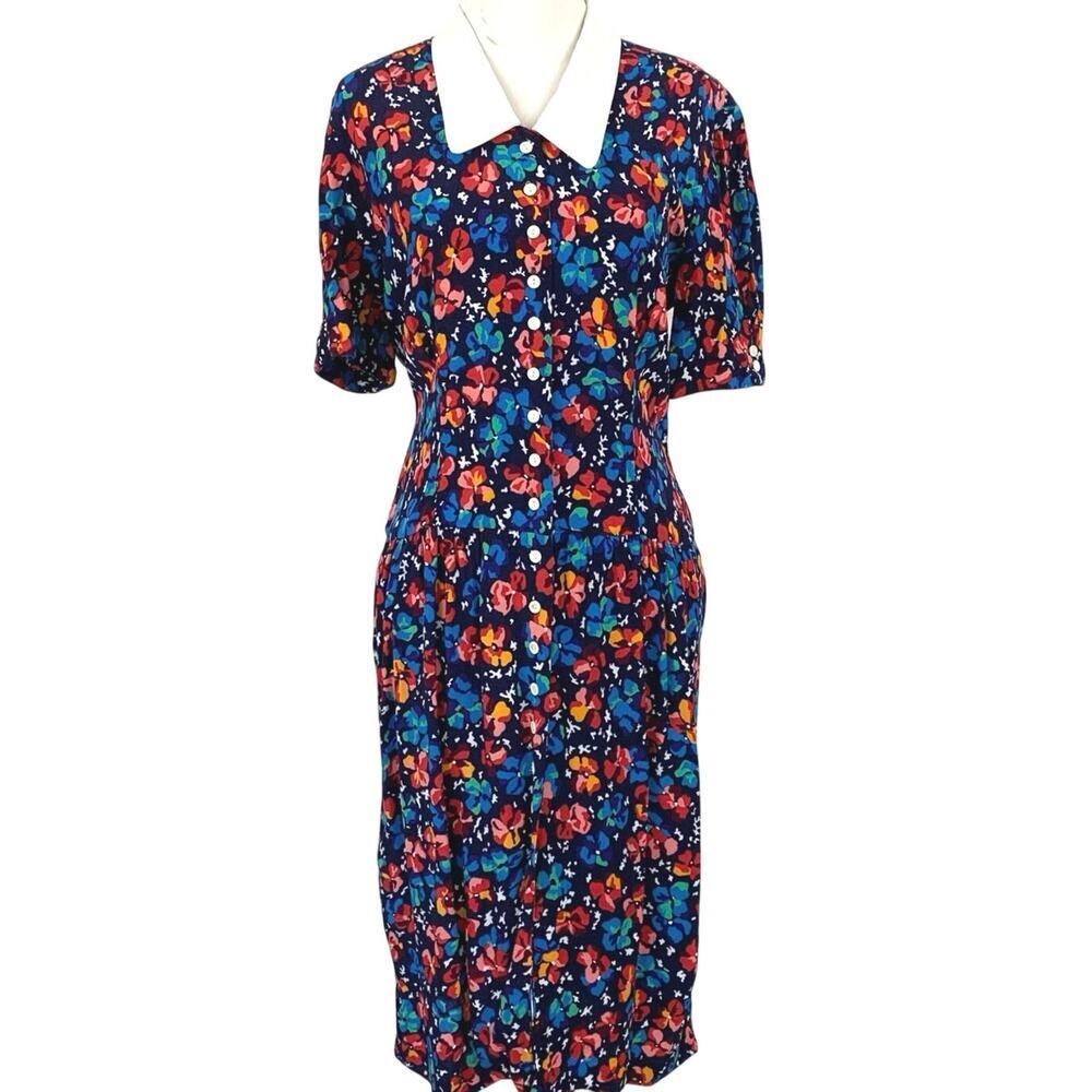 Vintage Liz Claiborne Floral Midi Dress 90s Colorful Collar Size 6 - Picture 6 of 6